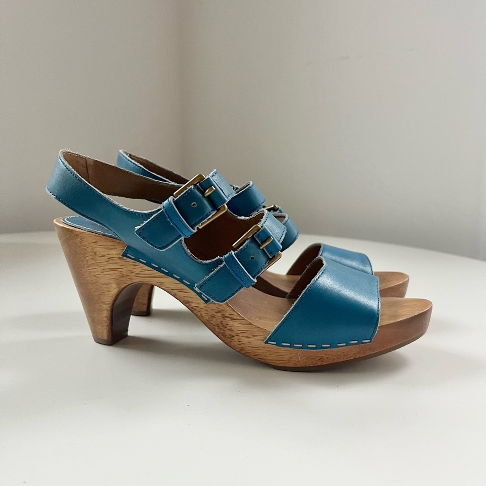 Anthropologie Women's Lucky Penny Leather Wooden Clogs Blue Brown Sz 7 Brazil